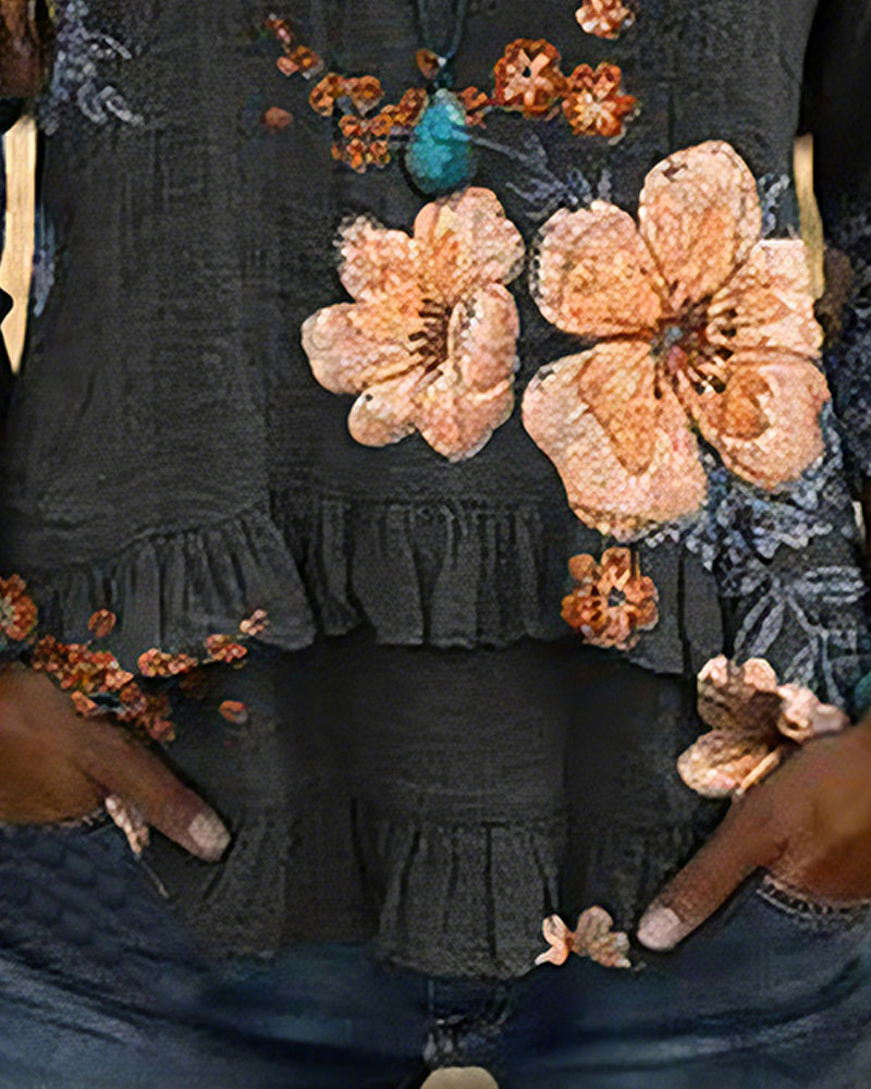 Vintage Floral V-Neck Blouse Loose Fit