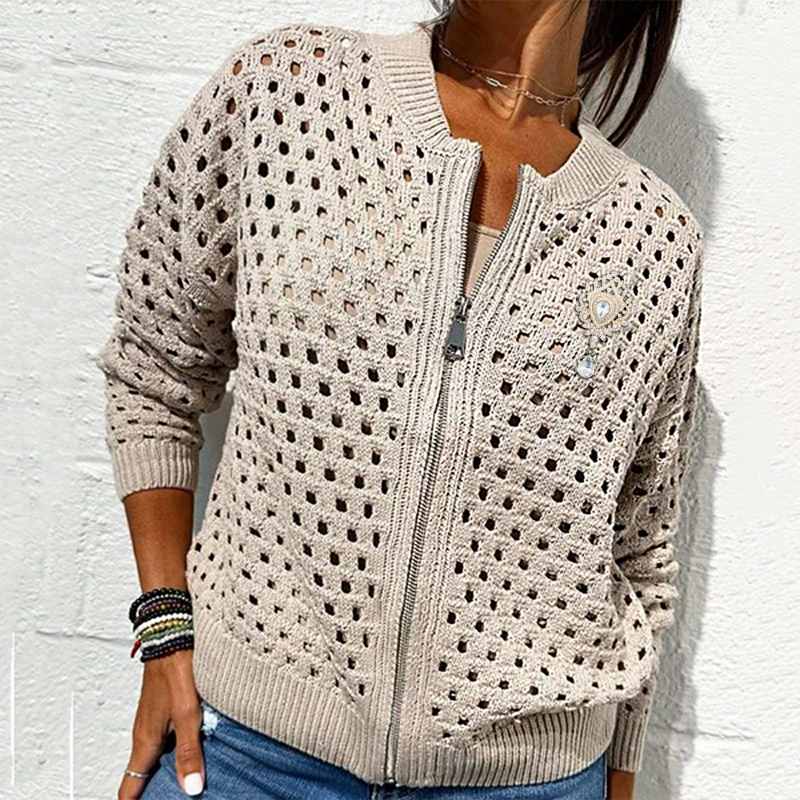 Casual Zip-Up Cardigan for Women with Hollow Design