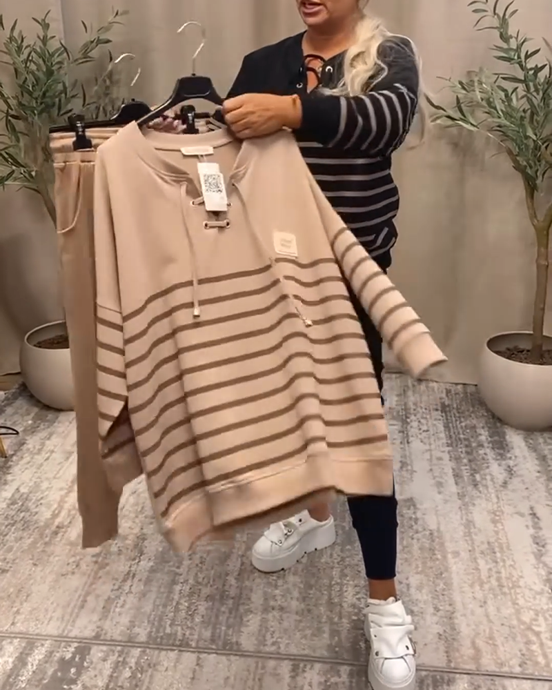 Casual Striped Sports Set with Relaxed Ankle Pants