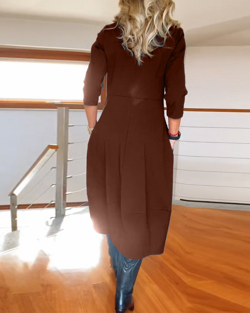 Elegant Solid Color Dress with Pocket and Round Collar