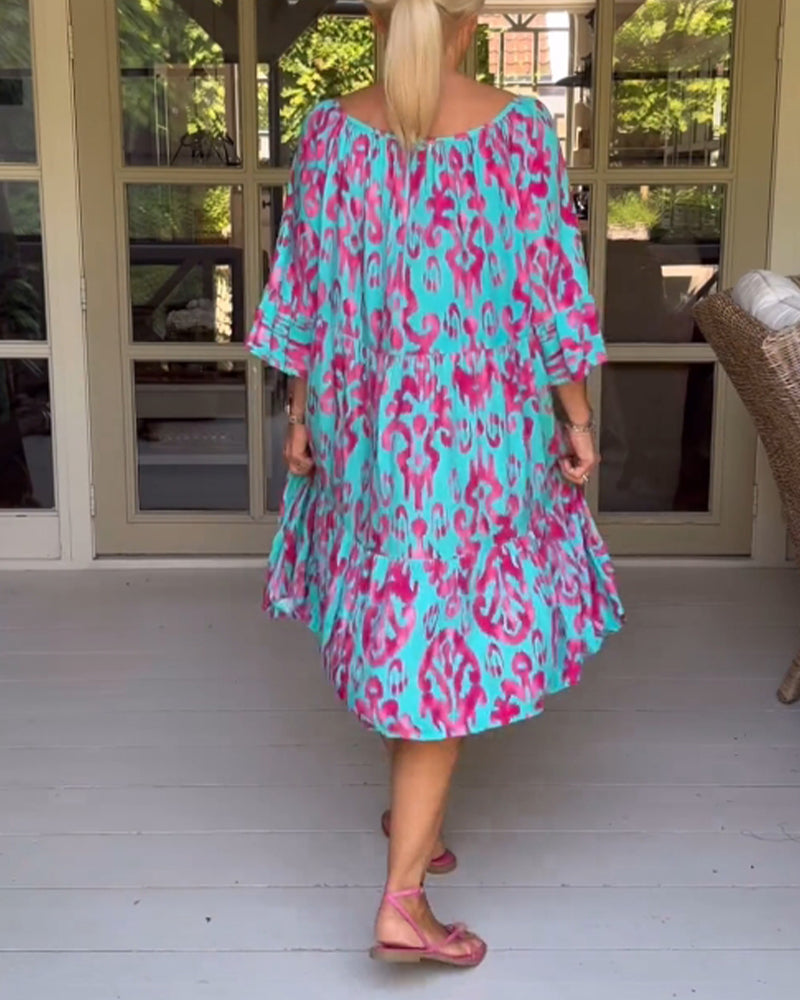 Red Dress With Print And Three-Quarter Sleeves