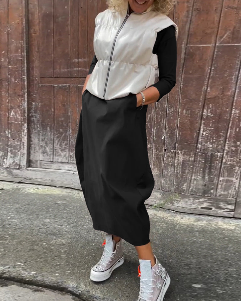 Simple Solid Color Long Sleeved Dress with Pockets