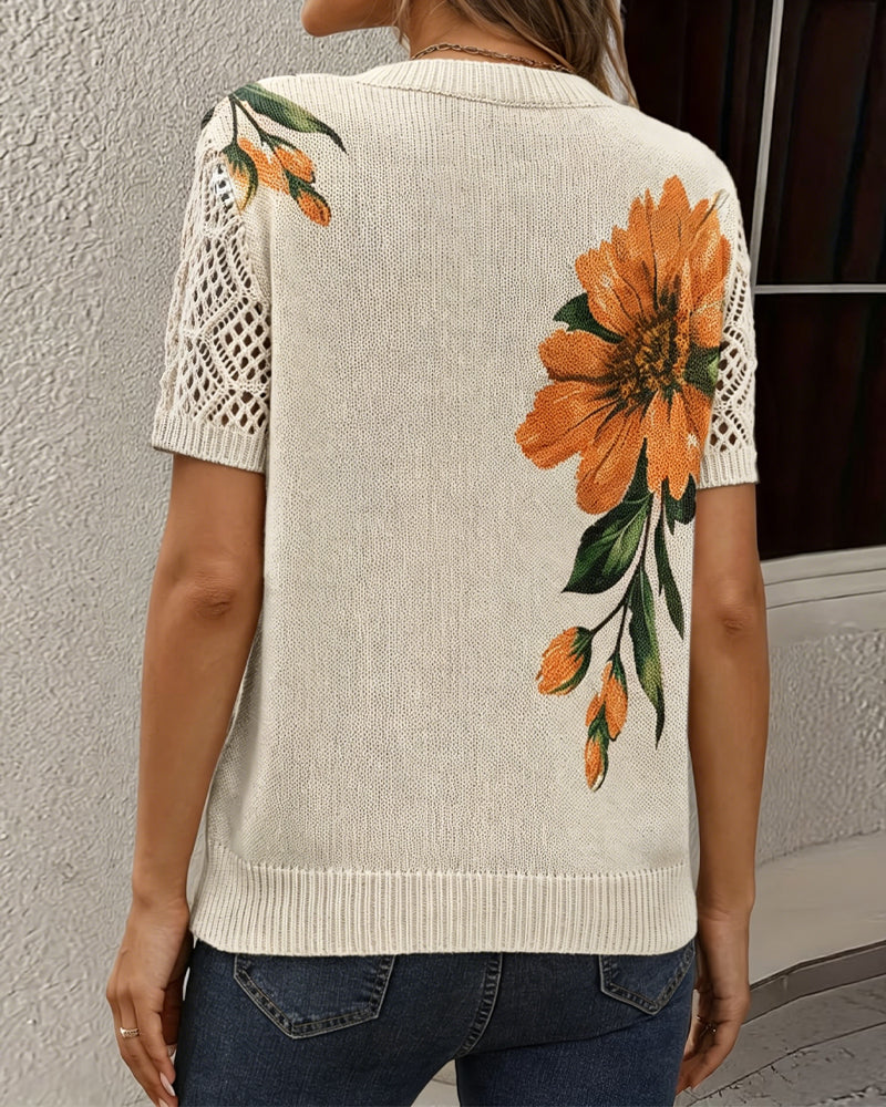 Floral Knit V-Neck Pullover
