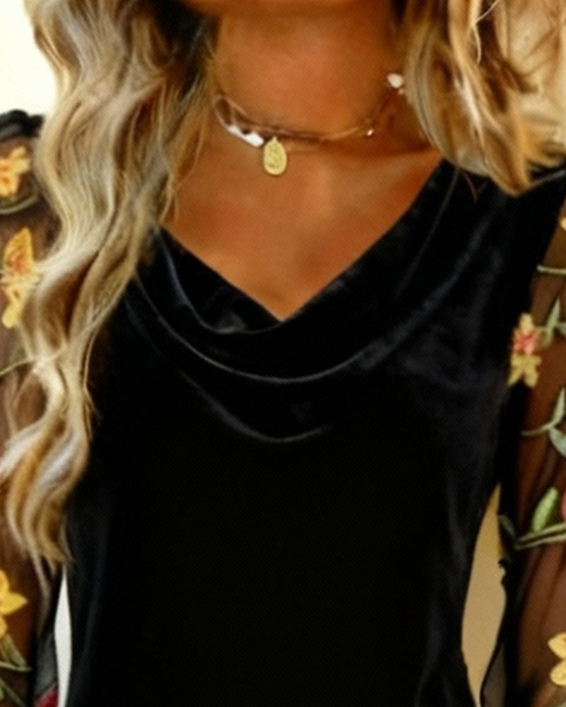 Embroidered Long Sleeve Patchwork Dress