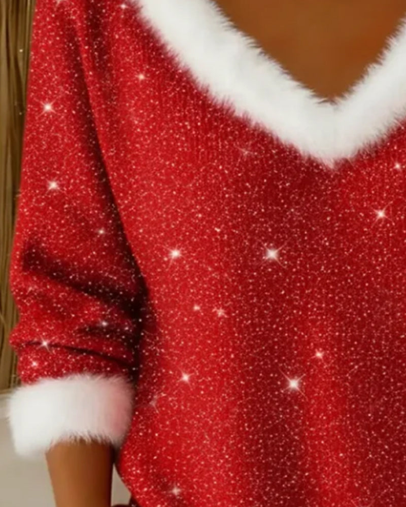 Trendy Shiny Fur V-Neck Sweater