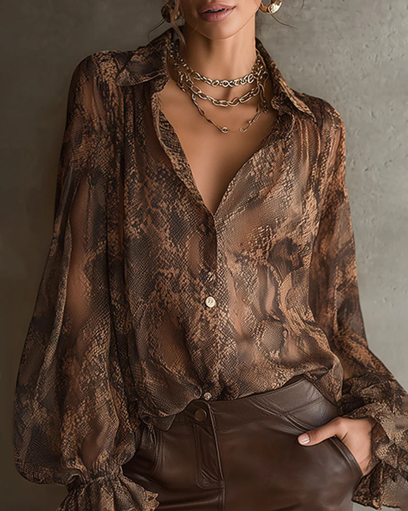 Trendy Ruffled Sleeve Printed Blouse