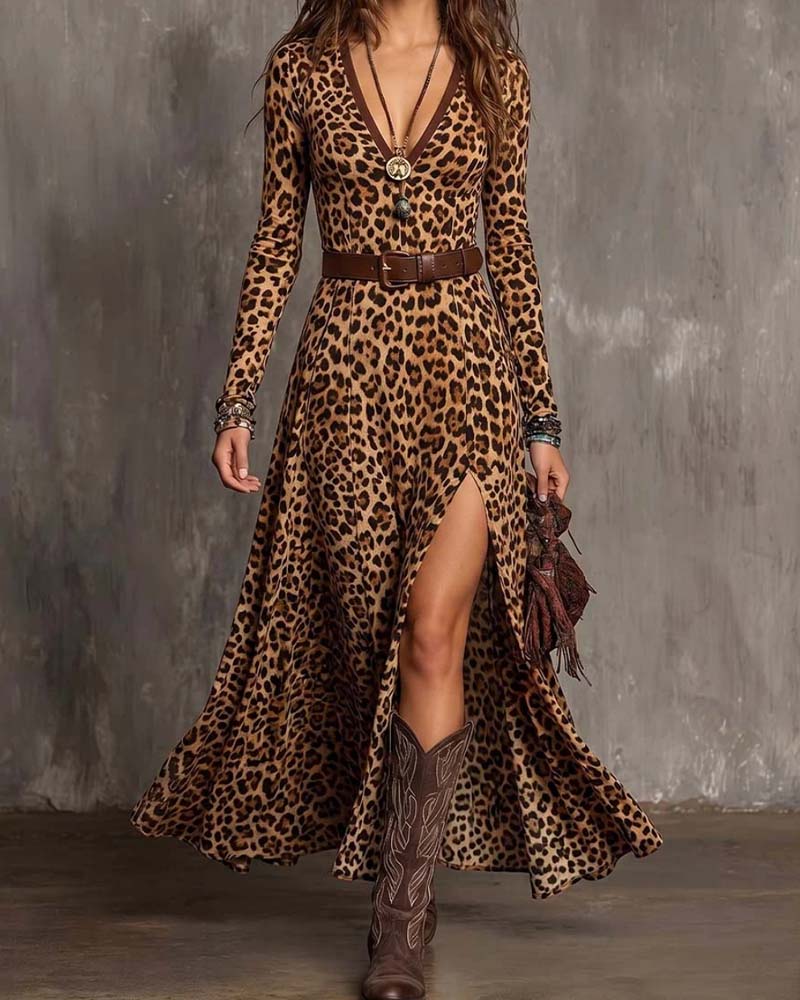 Leopard Print V-Neck Dress with Slit