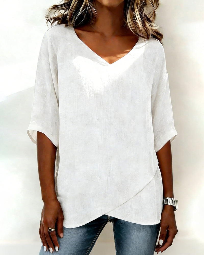 Irregular Hem Top Solid Color V Neck