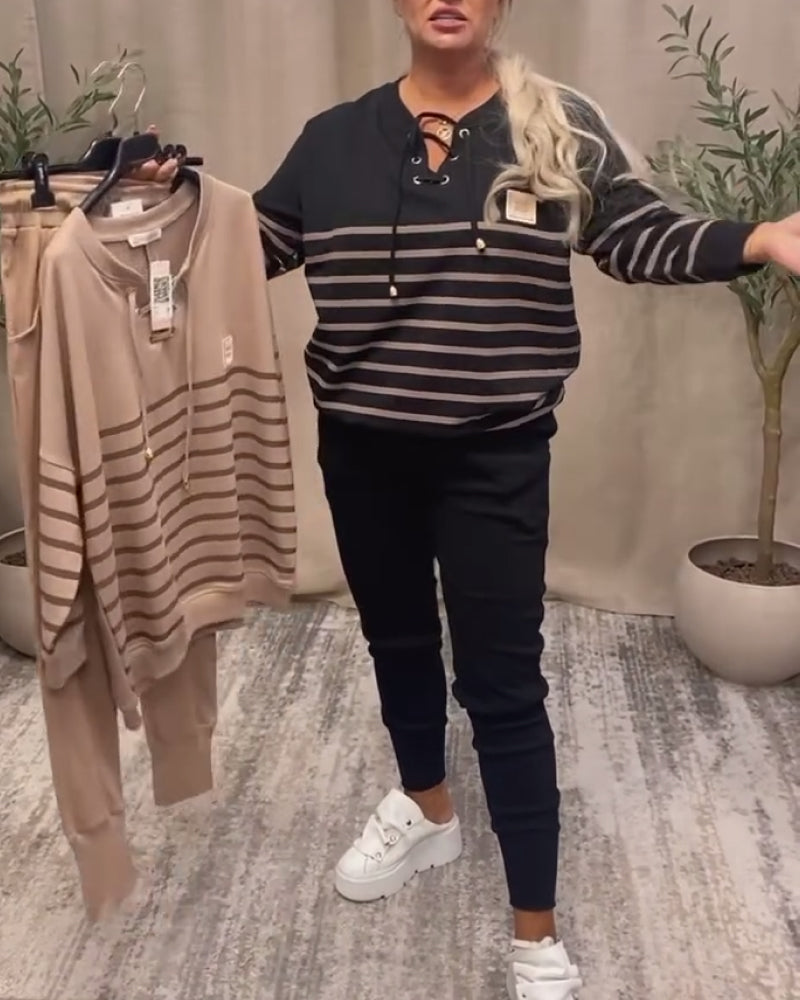 Casual Striped Sports Set with Relaxed Ankle Pants