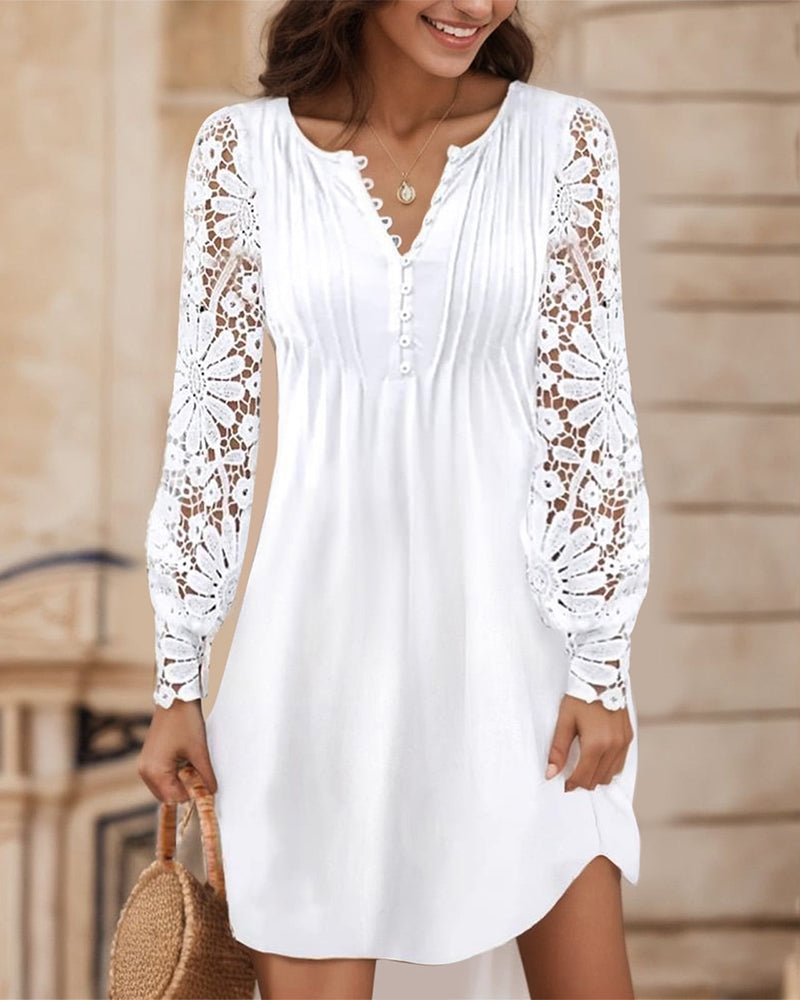 Solid Color Dress with Pleated and Patchwork Details