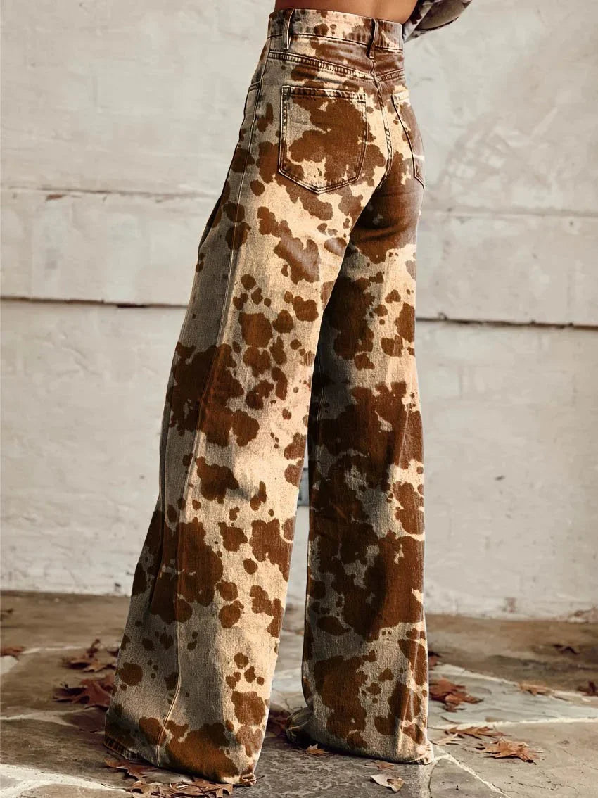 Jessica | Trendy Cow Print Wide-Leg Jeans