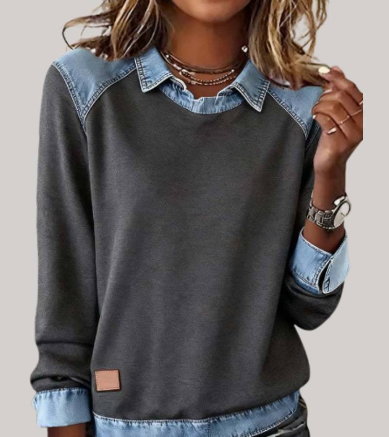 Silvia | Elegant Bimaterial Sweater with Denim Details