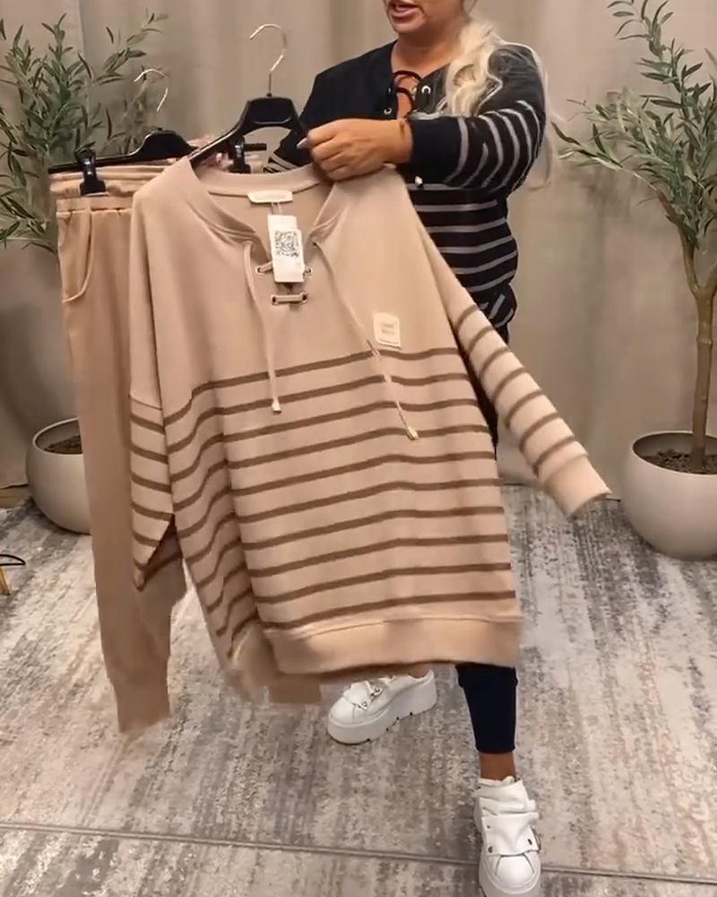 Casual Striped Sports Set with Relaxed Ankle Pants