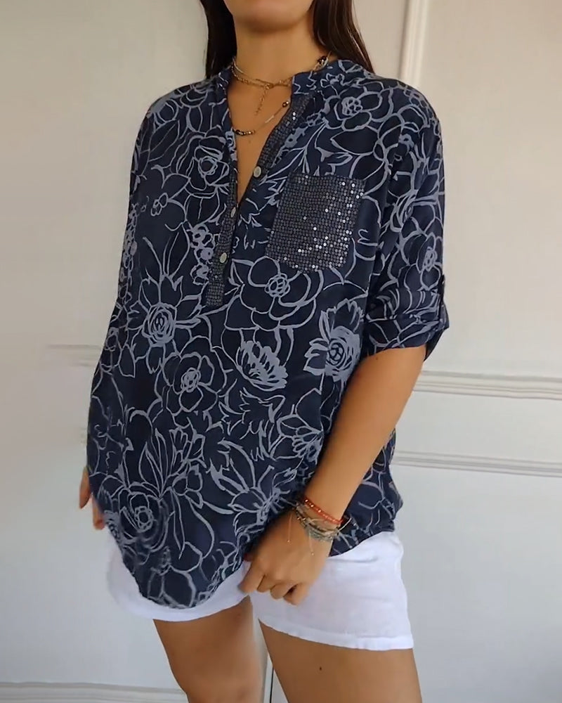Kelya | Loose Floral Print Blouse with Glitter Details