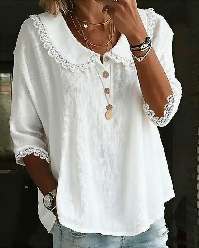 Blouse with Lace Insert Peter Pan Collar