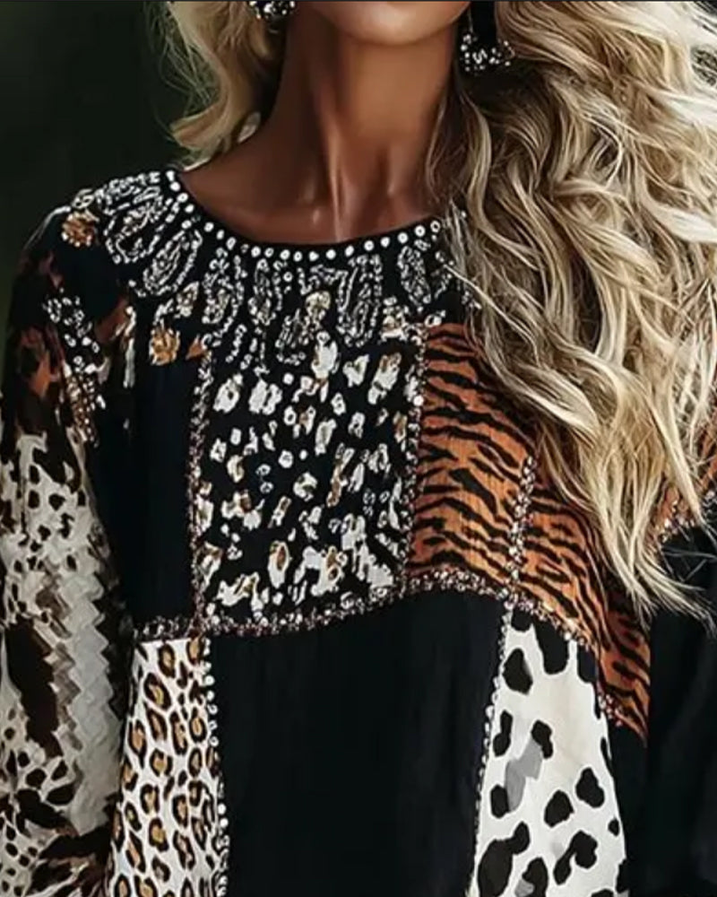 Blouse Round Neck Leopard Tiger Print Contrast