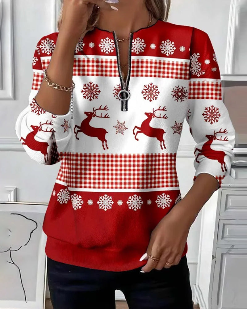 Zippered Sweatshirt with Snowflake Print