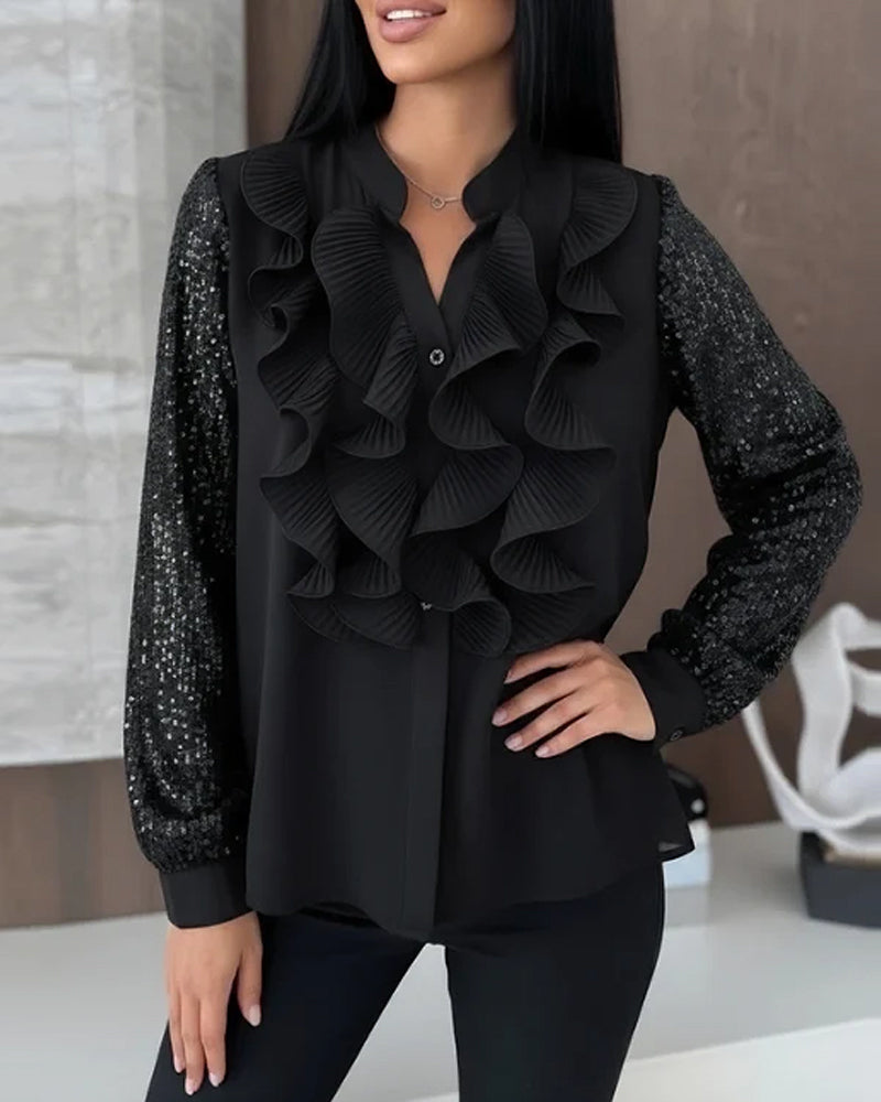 Ruffled Sequin Patchwork Elegant Blouse
