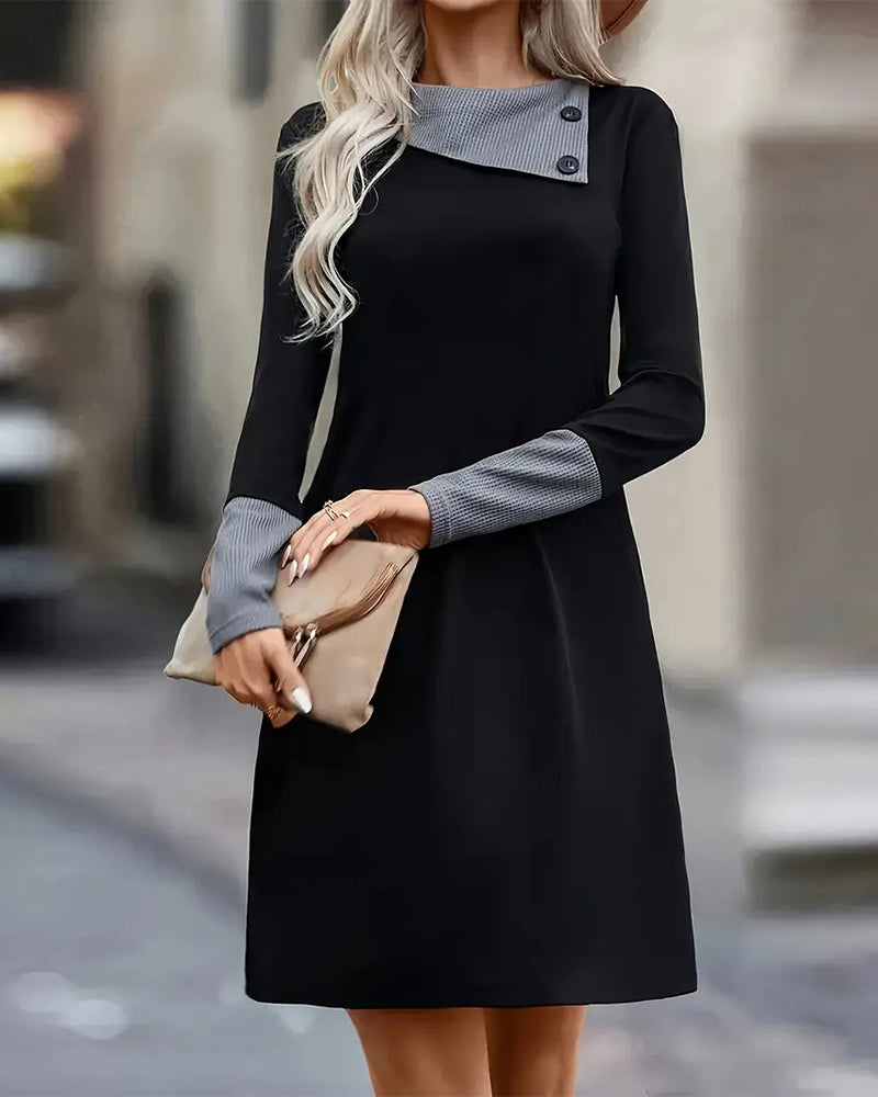 Casual Dress with Asymmetrical Neckline and Long Sleeves