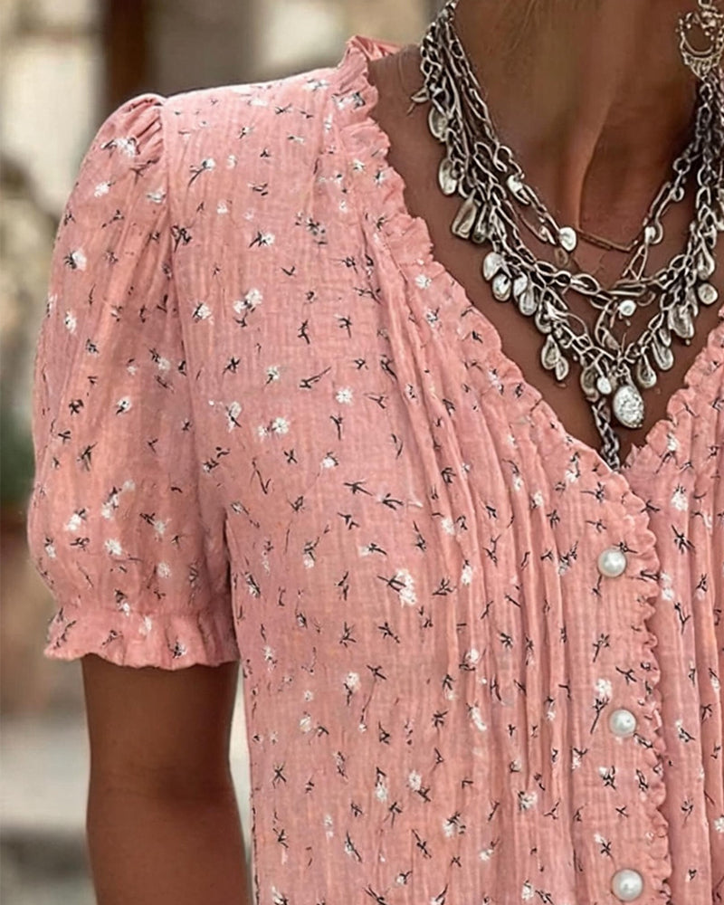 Blouse Puff Sleeves Floral Print Short Sleeved