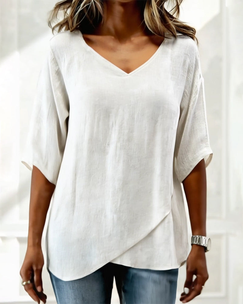 Irregular Hem Top Solid Color V Neck