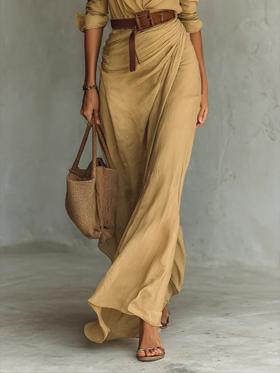 Long Belted Dress With Long Sleeves And Lapels