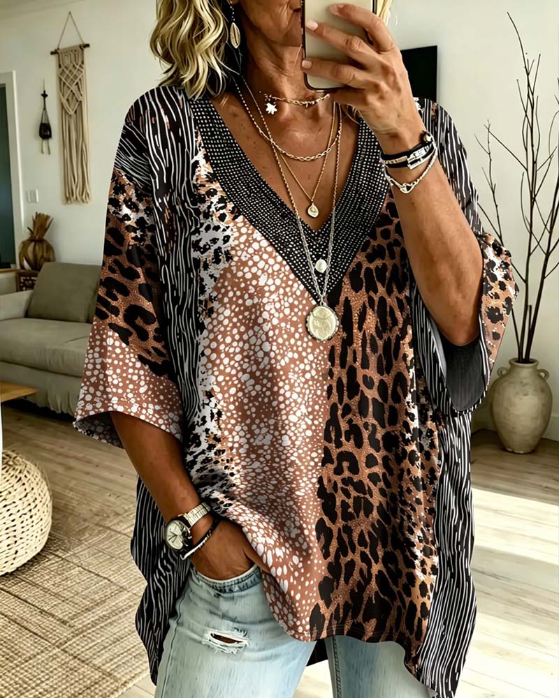 Top V-Neck Leopard Print Color Block
