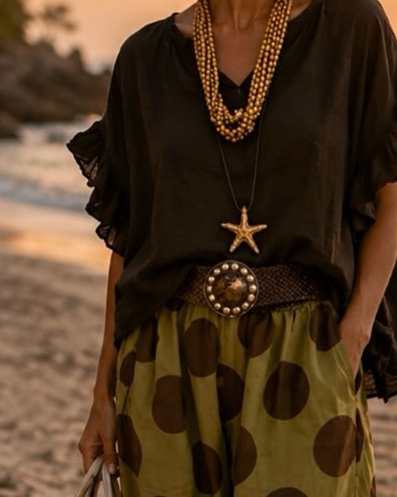 Set V-Neck Ruffle Top & Polka Dot Pants