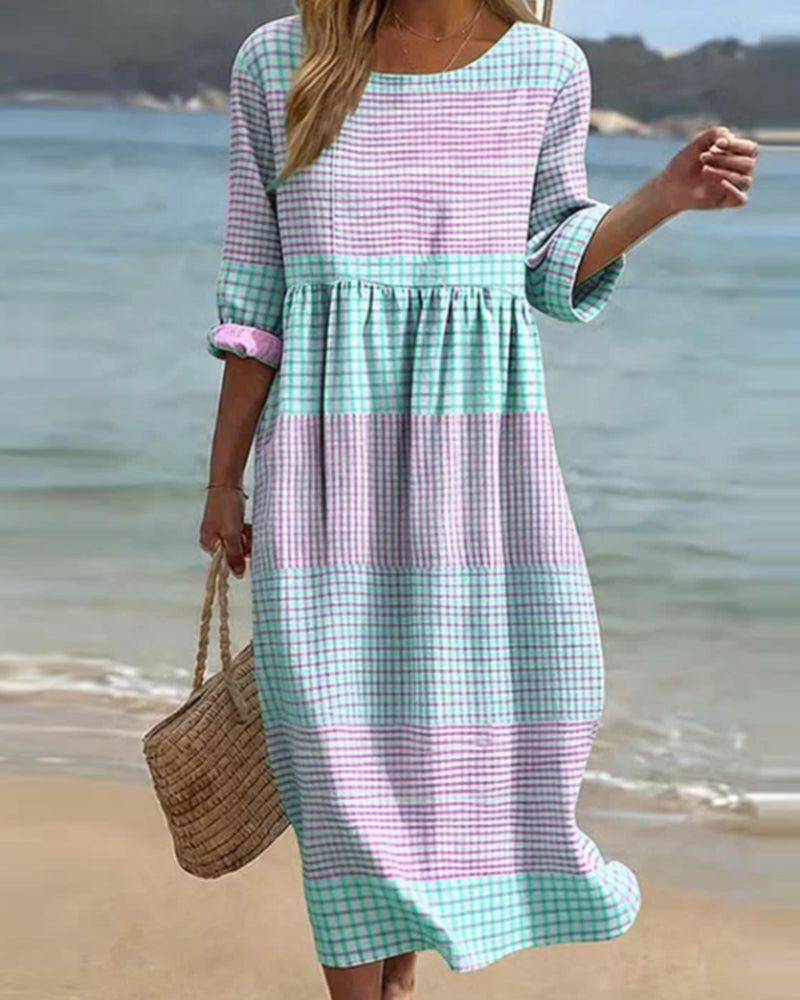 Dress Striped Color Block Loose