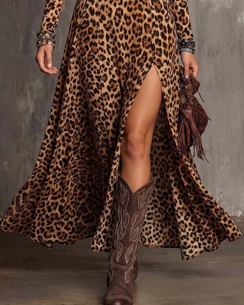 Leopard Print V-Neck Dress with Slit