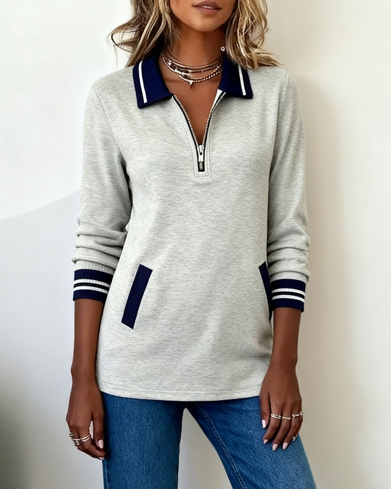 Oversized Sweatshirt with Lapel, Zipper Closure, and Contrast Color