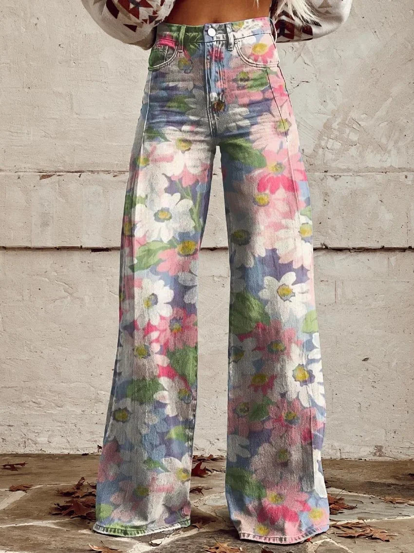 Bella | Floral Pattern Wide-Leg Jeans