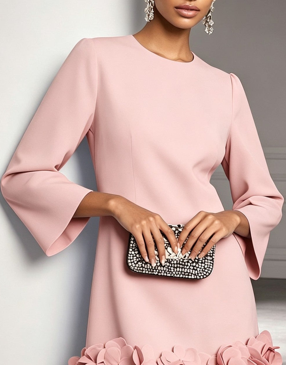 Pink Round Neck 3D Floral Ruffle Hem Mini Dress