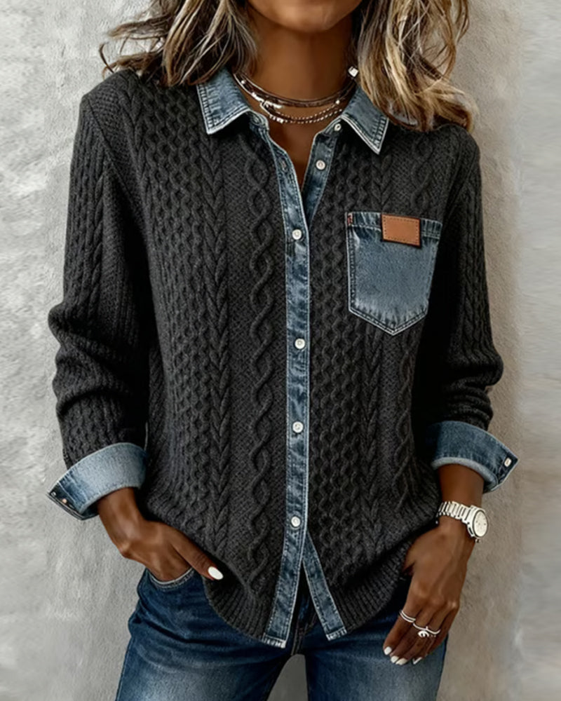 Long Sleeve Patchwork Denim Shirt