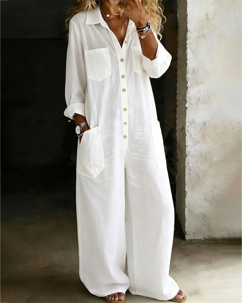 100% Cotton Casual Lapel Jumpsuit Wide Leg