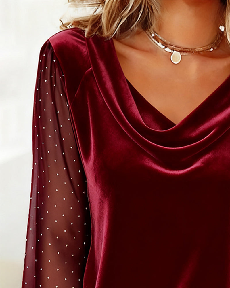 Long Sleeve Top with Draped Collar and Panels