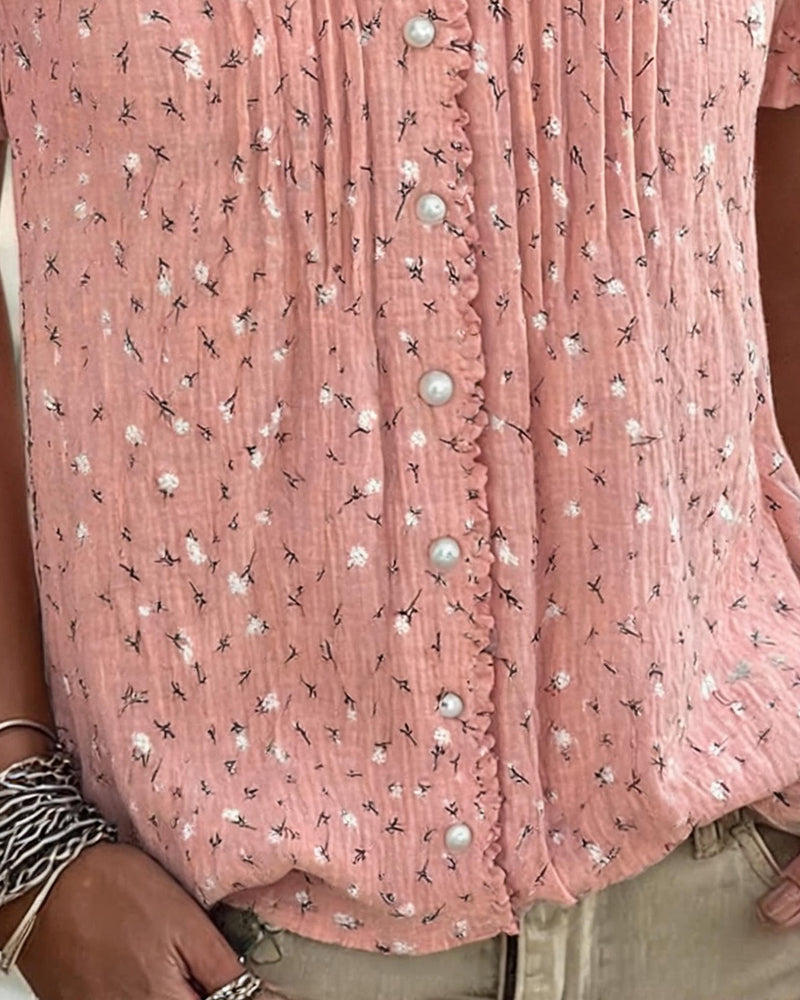 Blouse Puff Sleeves Floral Print Short Sleeved