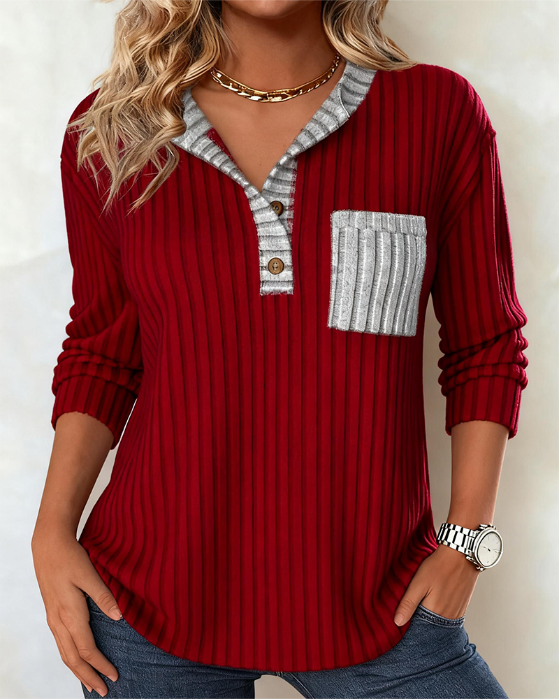 Contrast Color Ribbed Button-Down Sweatshirt