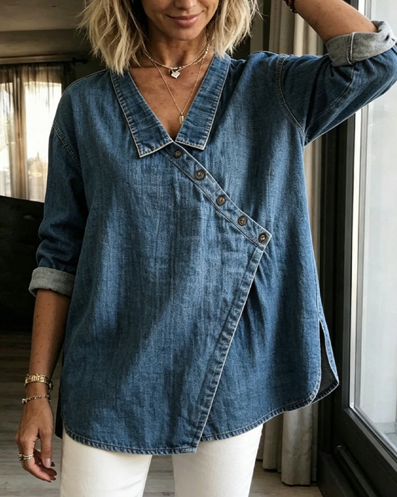 Solid Color Diagonal Button Collar Long Sleeve Blouse
