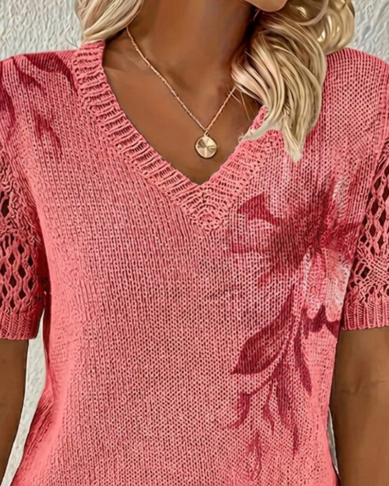 Floral Knit V-Neck Pullover