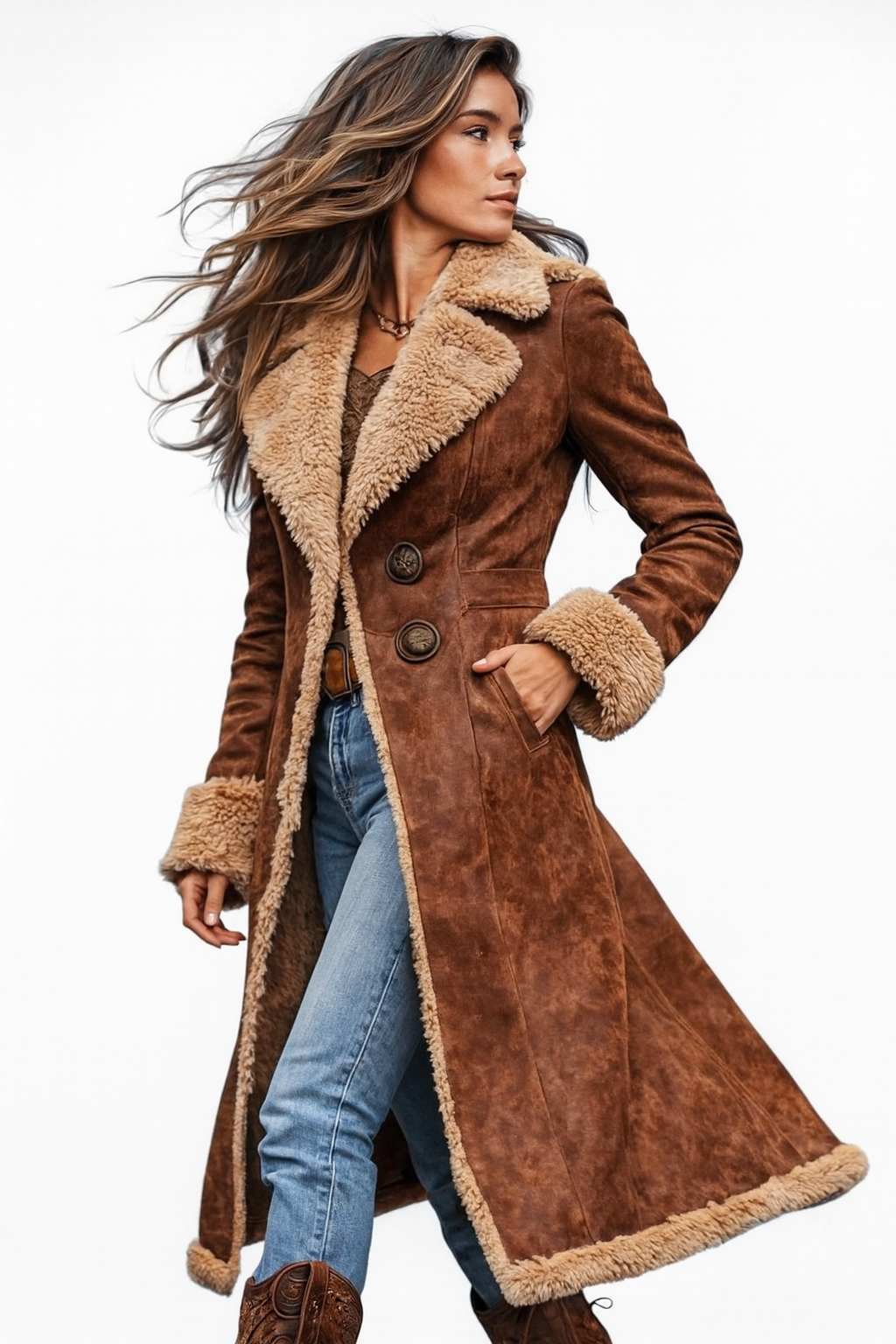 Long Vintage Inspired Coat with Synthetic Fur