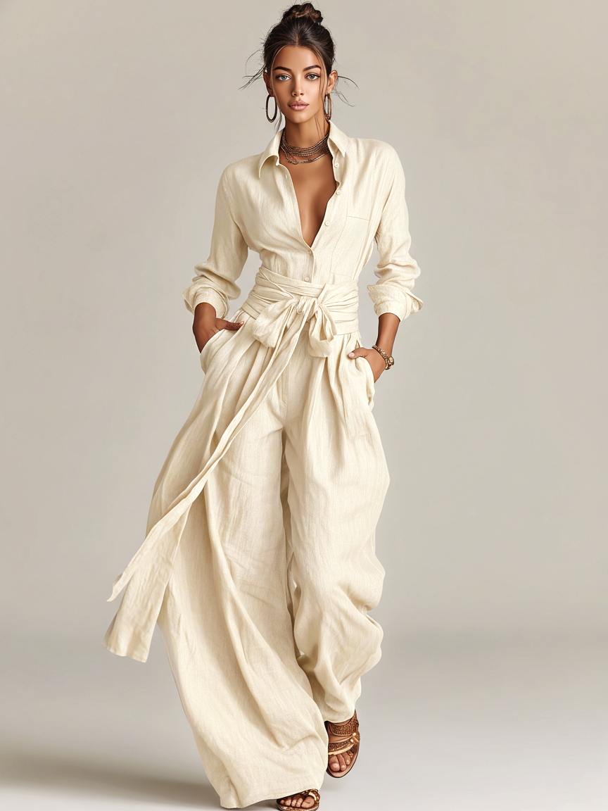 Women's Elegant Brown Woven Cotton-linen Long-sleeved Shirt Collar Jumpsuit With Belt