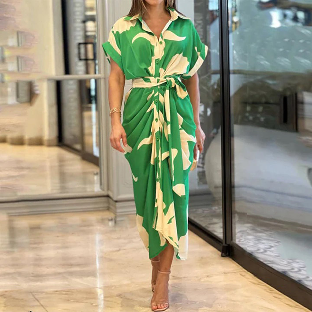 Bethany | Belted Tropical Print Shirt Dress