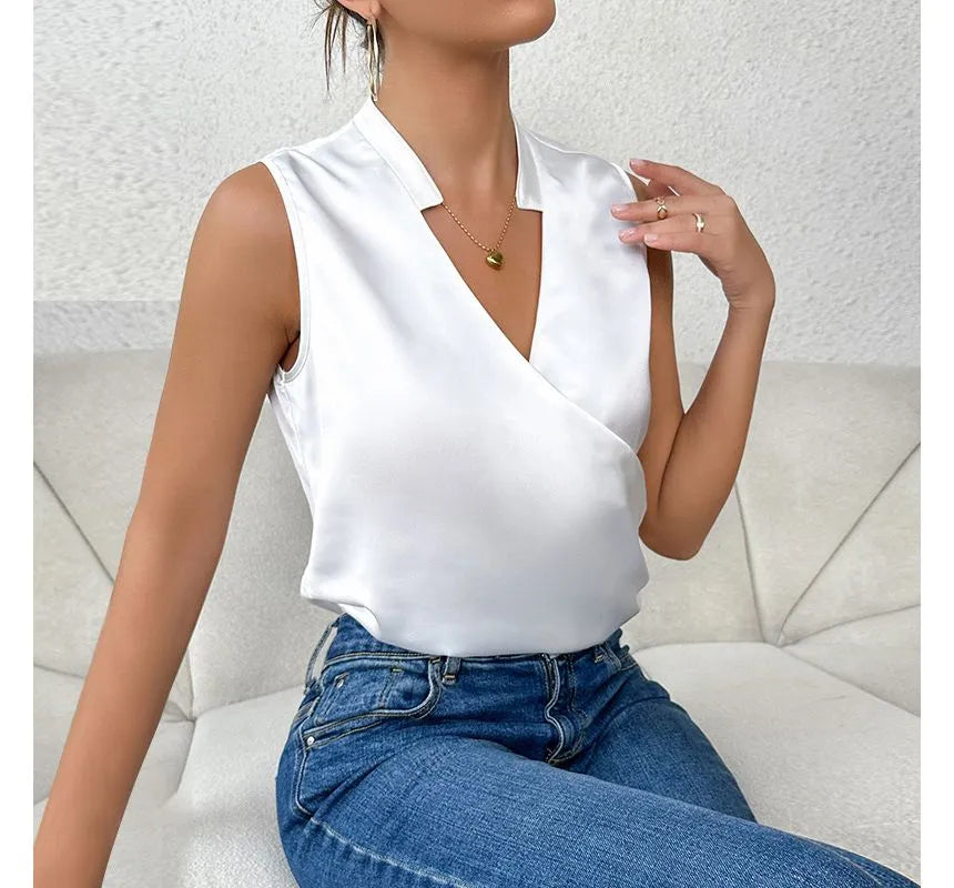 Caroline | Sleek Satin Wrap Sleeveless Top
