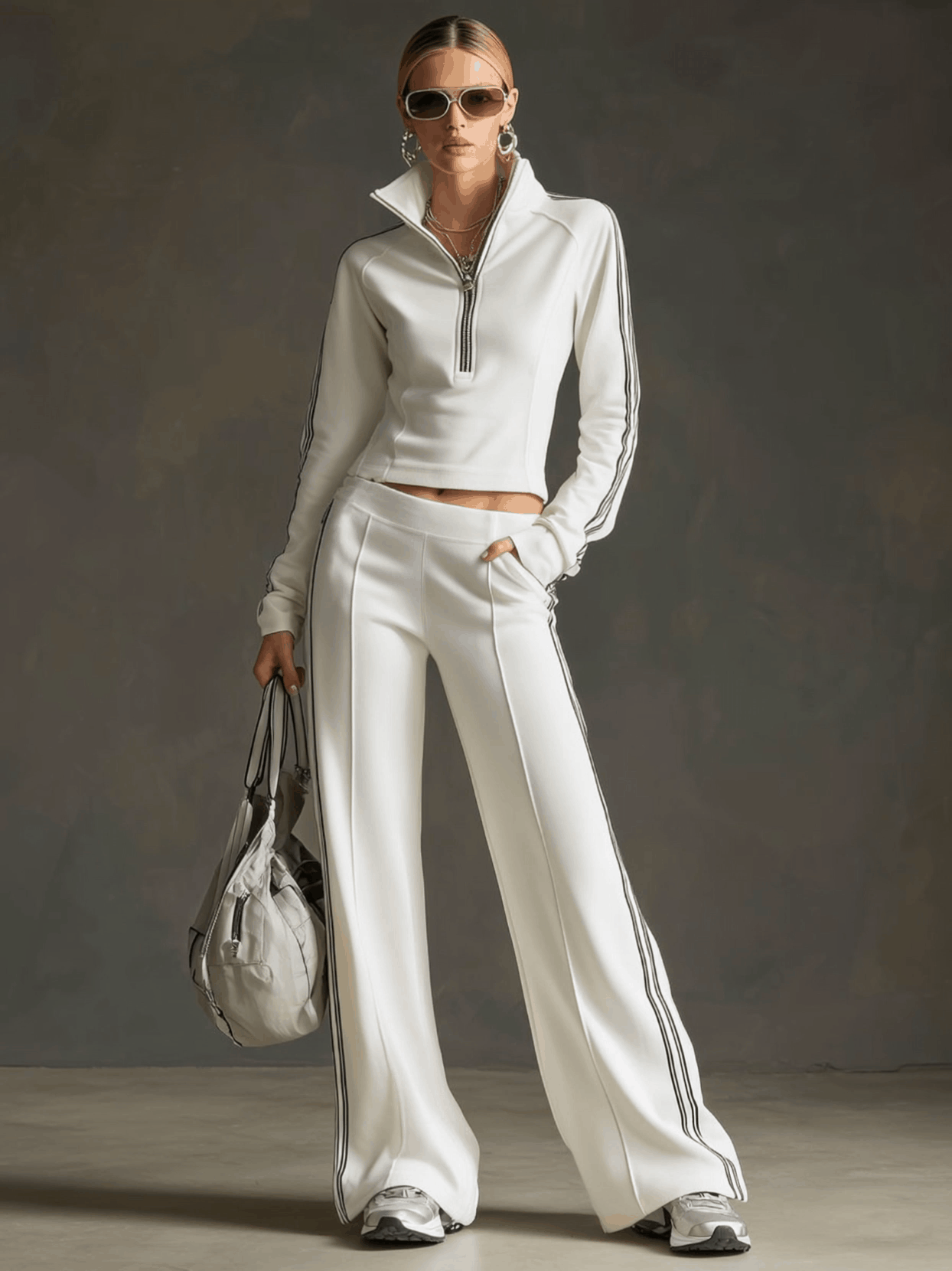 Sporty Retro Striped Webbing White Long Sleeve Sweatshirt And Wide Leg Pants Set