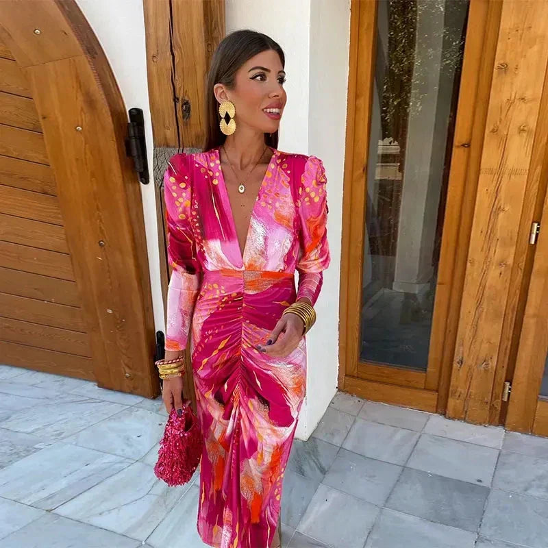 Annabelle | Deep V Abstract Midi Dress