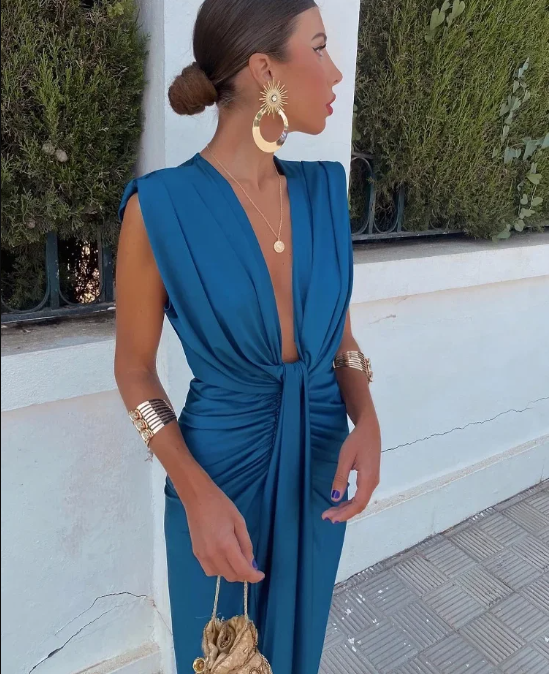 Amelia | Deep V Pleated Maxi Dress