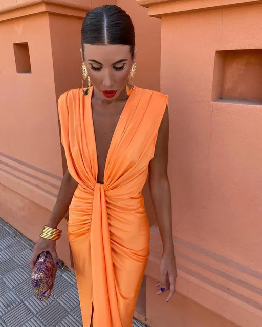 Amelia | Deep V Pleated Maxi Dress
