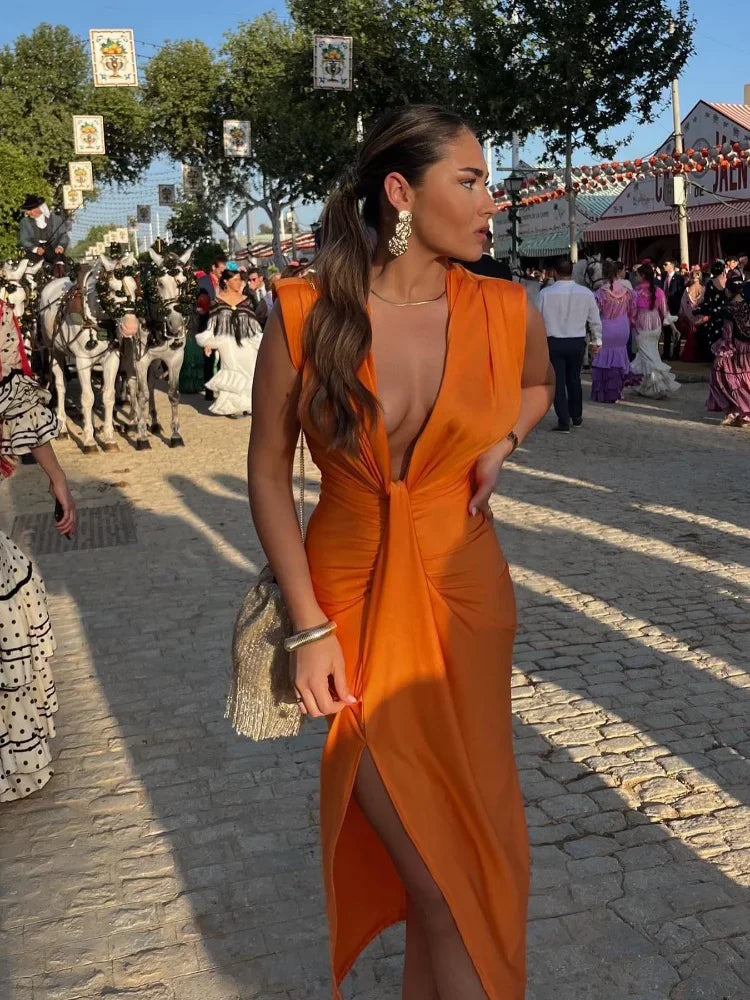 Amelia | Deep V Pleated Maxi Dress