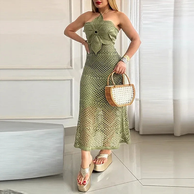 Solenne™ | Openwork Knit Dress with Flower Detail, Handcrafted Charm that Brightens Your Summer!